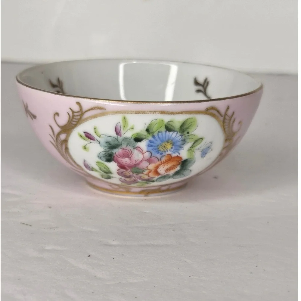 Vintage Hand Painted Pink Porcelain Tea Bowl Floral Gold Gilt Trim Victorian